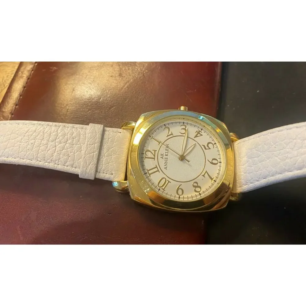 Women's 38mm Gold Tone Anne Klein AK Watch, 10/8574 Y1231E, White Leather Band